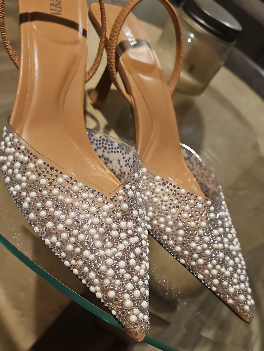 Zara Pearl & Crystal Nude Slingback Heels